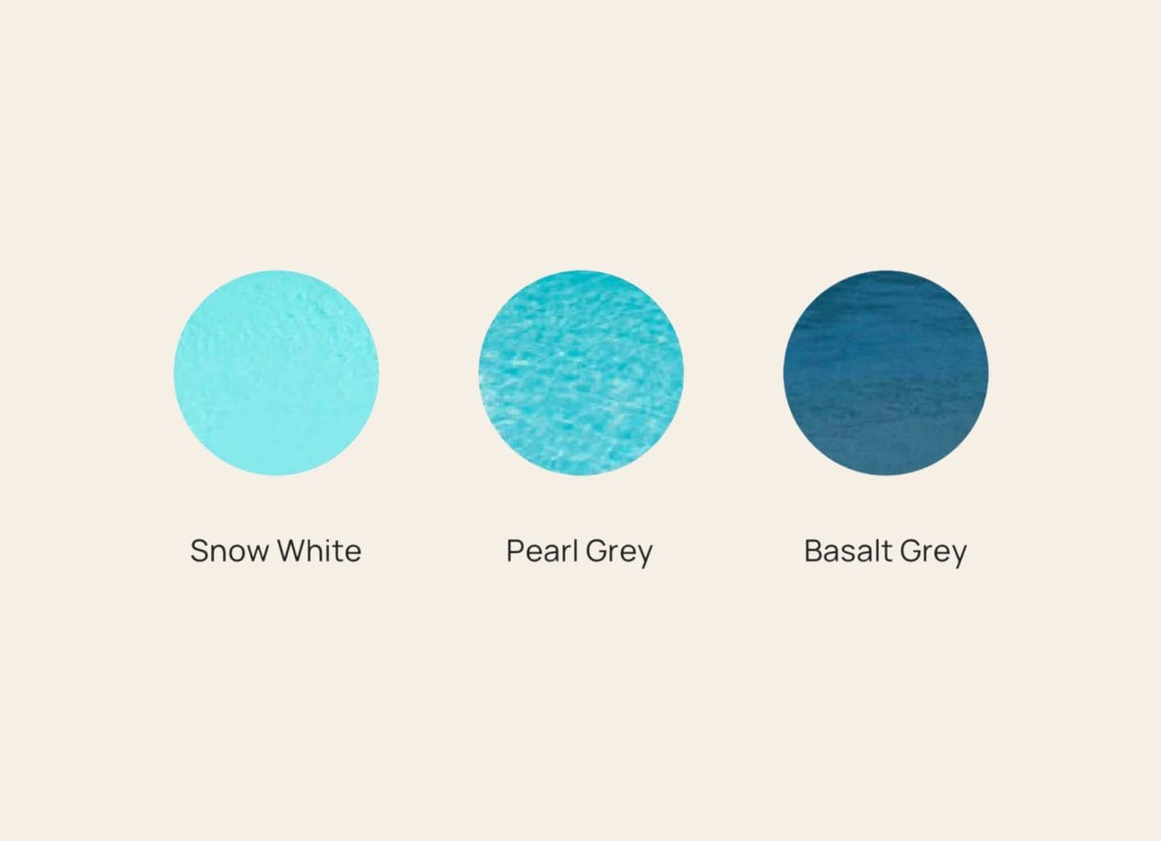 LPW Pools zwembadkleuren Snow White, Pearl Grey en Basalt Grey